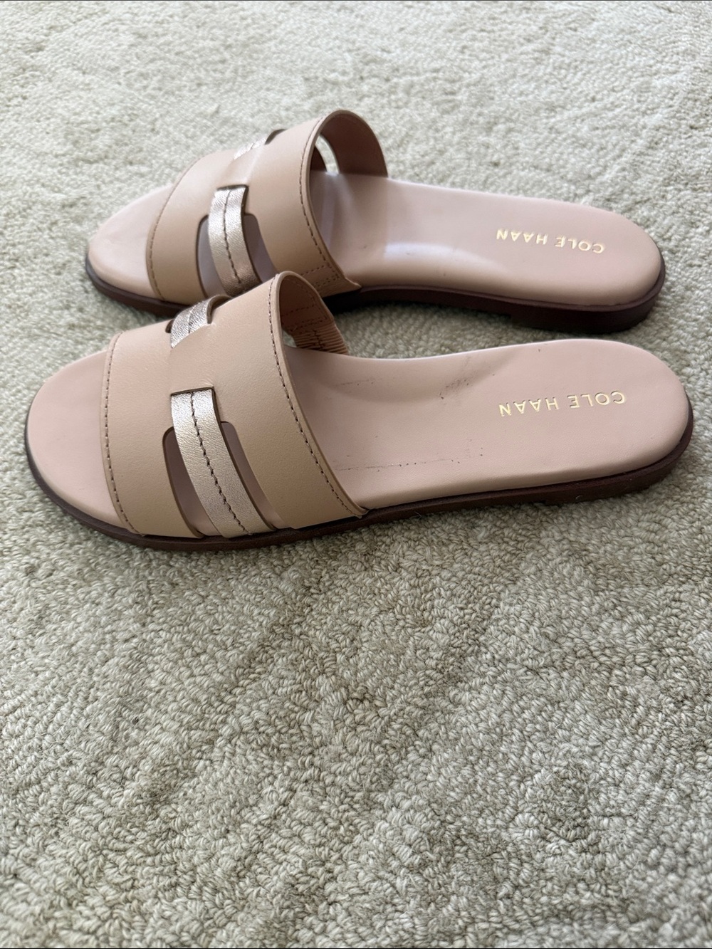 Cole Haan Beige Slide Sandals with Metallic Accent